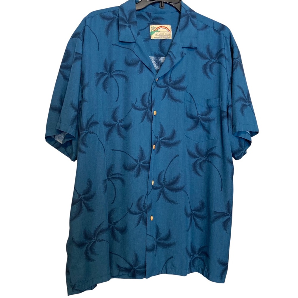 Paradise Found Hawaiian Shirt Mens 2X Made Hawaii USA Palm Deep Blue Magnum P I